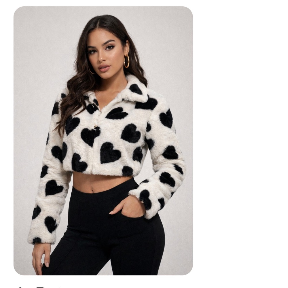Faux Fur Ashley By 26 International Cabincore Black and White Heart Teddy Jacket